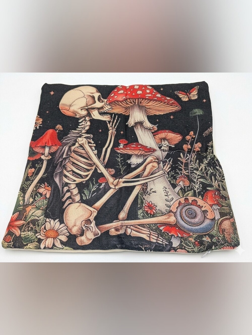 Cottagecore Skeleton Lovers Mushroom Throw Pillow Cover 16.5"x16.5